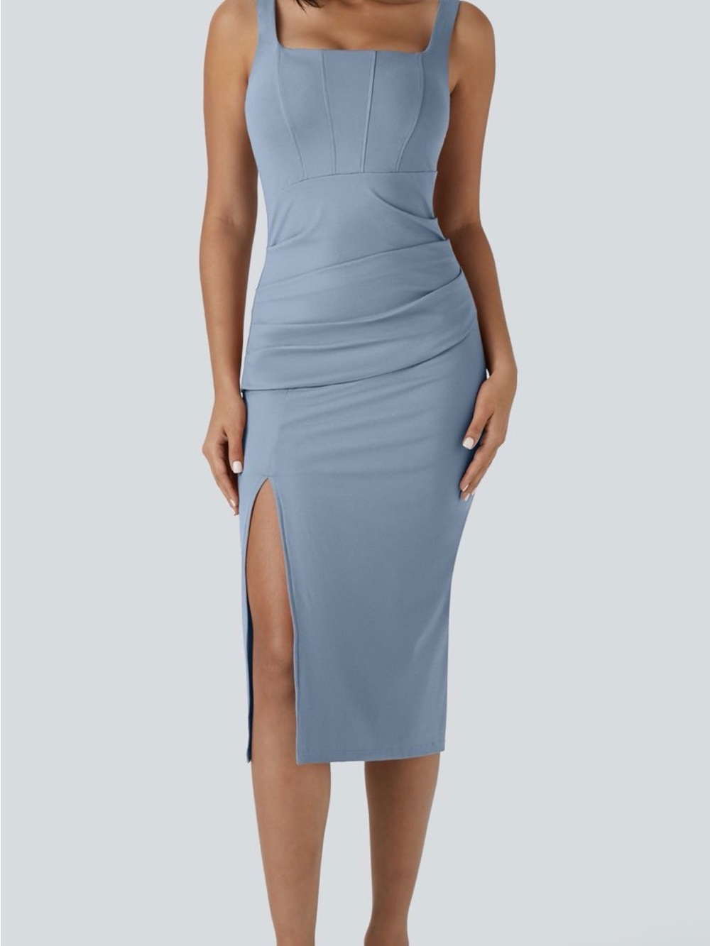 HALARA Dusty Blue Square-Neck Midi Dress with Side Slit